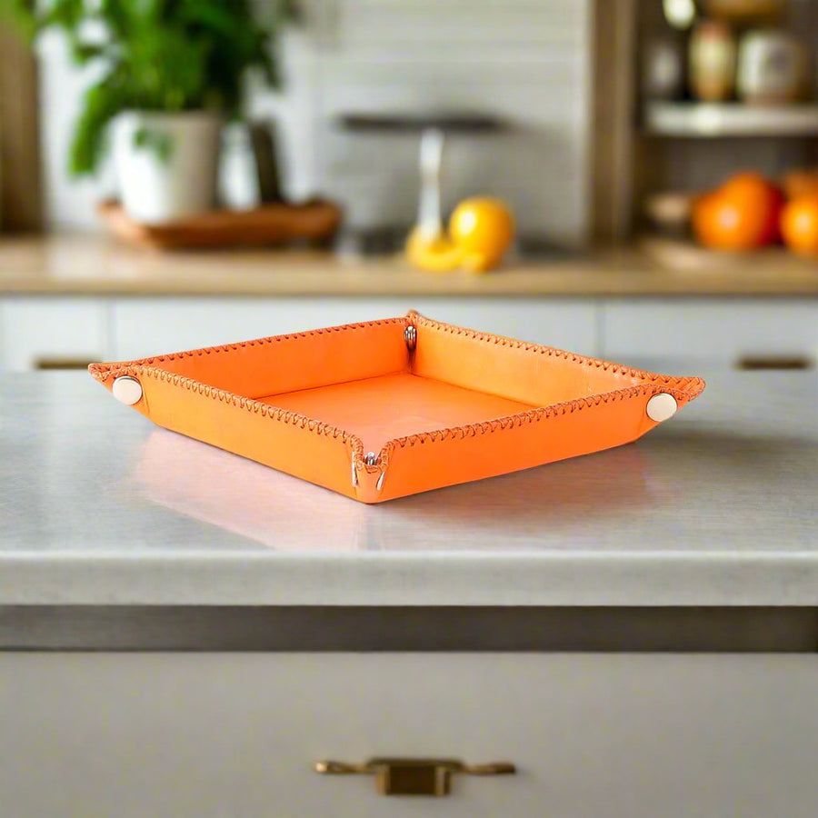Bati | Orange Leather Catch All Tray | Leather Home Goods | Leather Trays | Leather Housewares | Home Decor | Interior Design | Bati Handmade Leather Goods from Paraguay