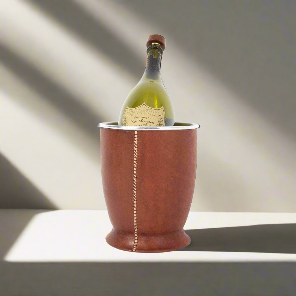 Brown Leather Champagne Bucket  | Leather Pitcher | Leather Bucket | Leather Vase | Leather Cooler | Leather Home Goods | Home Goods | Home and Garden | Interior Design | Leather Tablewares | Leather Barwares | Leather Accessories | Bati Leather Goods