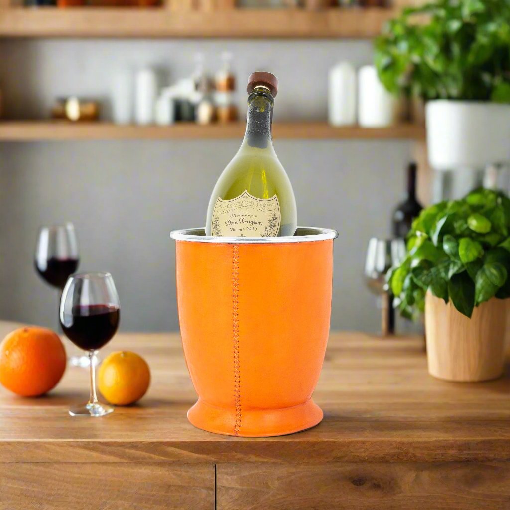 Orange Leather Champagne Bucket  | Leather Pitcher | Leather Bucket | Leather Vase | Leather Cooler | Leather Home Goods | Home Goods | Home and Garden | Interior Design | Leather Tablewares | Leather Barwares | Leather Accessories | Bati Leather Goods