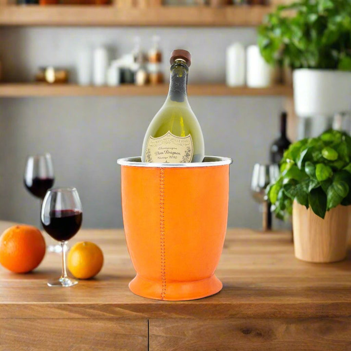 Orange Leather Champagne Bucket  | Leather Pitcher | Leather Bucket | Leather Vase | Leather Cooler | Leather Home Goods | Home Goods | Home and Garden | Interior Design | Leather Tablewares | Leather Barwares | Leather Accessories | Bati Leather Goods