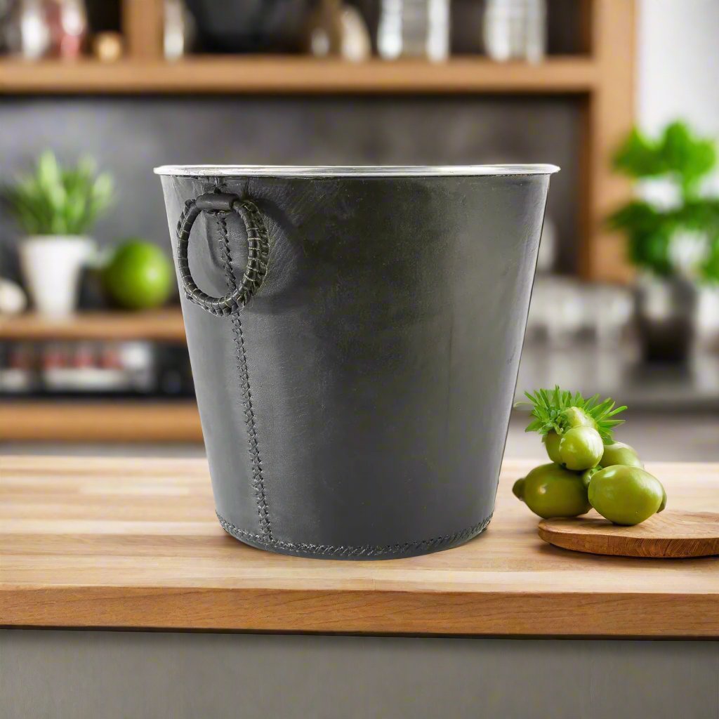 Bati | Black Leather Champagne Bucket | Leather Ice Bucket | Ice Bucket | Leather Bucket | Leather Wine Bucket | Leather Barware | Leather Drinkware | Leather Accessories | Leather Home Decor | Interior Design | Leather Home Goods
