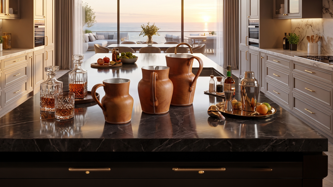 Leather Inspired Home Decor | Natural Leather Cocktail Set | Serving and Ottoman Trays | Coffee Table Tray | Home Store Near Me | Best Serving Trays | Home Goods Near me | Home Stores Near me | Best Bar Carts