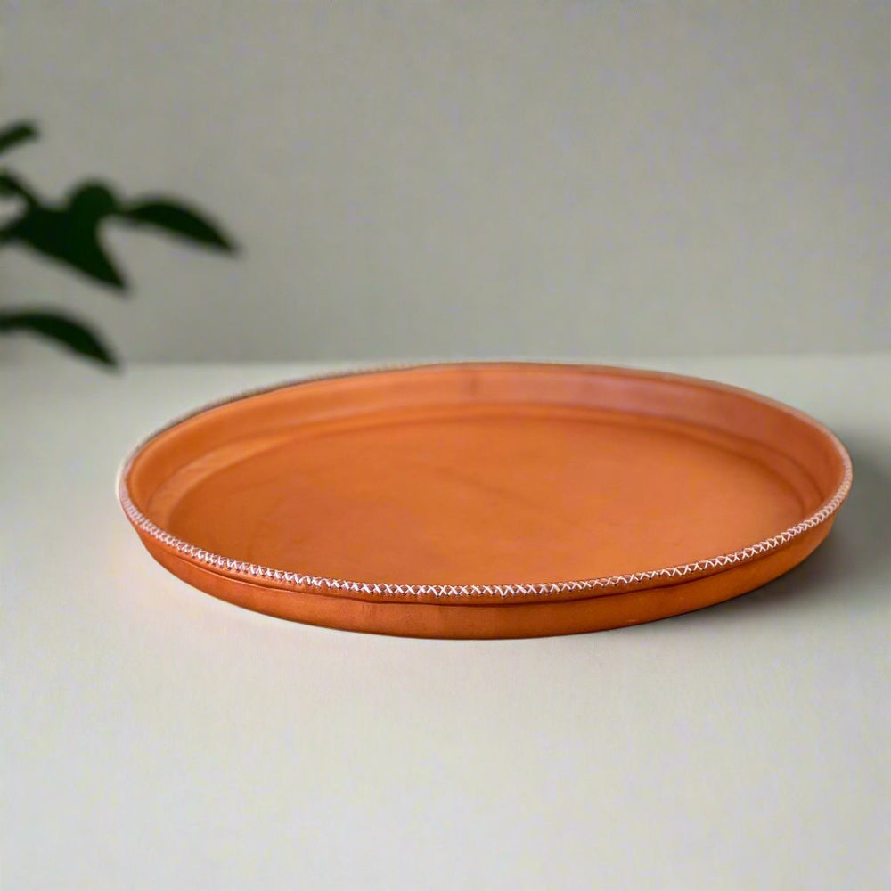 Natural Round Leather Serving Tray | Leather Tray | Leather Valet Tray | Leather Catch All | Coffee Table Tray | Ottoman Tray | Bar Tray | Restaurant Serving Tray | Leather Furniture | Bati Leather Goods