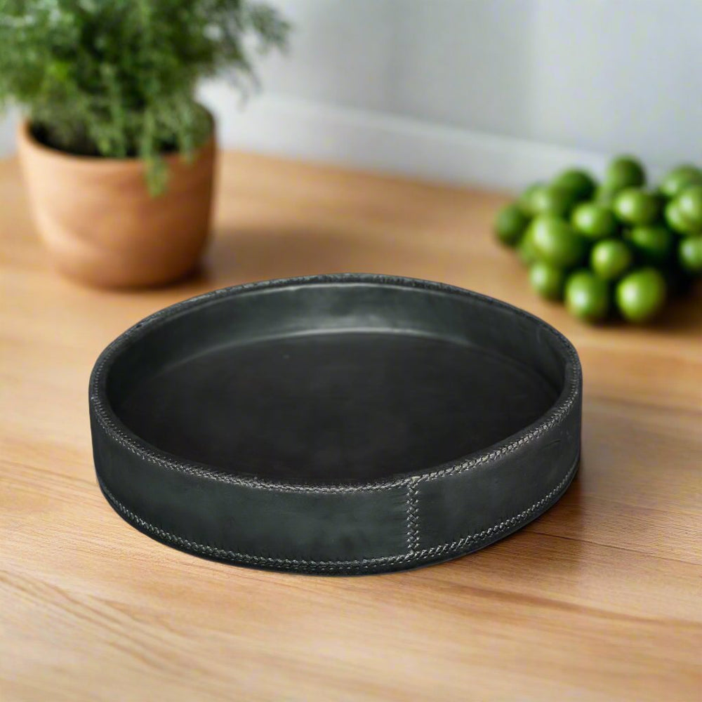 Black Round Leather Tray | Cedar Leather Tray | Leather Serving Tray | Serving Tray | Ottoman Tray | Catch all | Valet Tray | Home Decor | Home and Garden | Tablewares | Leather Accessories | Leather Vase | Leather Lamp | Leather Candles