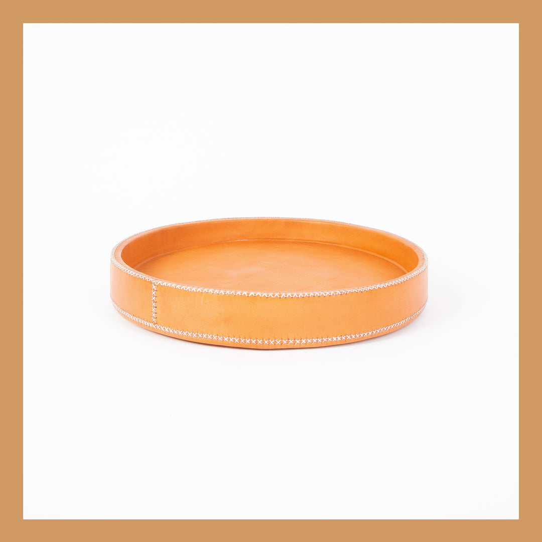 Tan Round Leather Tray | Cedar Leather Tray | Leather Serving Tray | Serving Tray | Ottoman Tray | Catch all | Valet Tray | Home Decor | Home and Garden | Tablewares | Leather Accessories | Leather Vase | Leather Lamp | Leather Candles