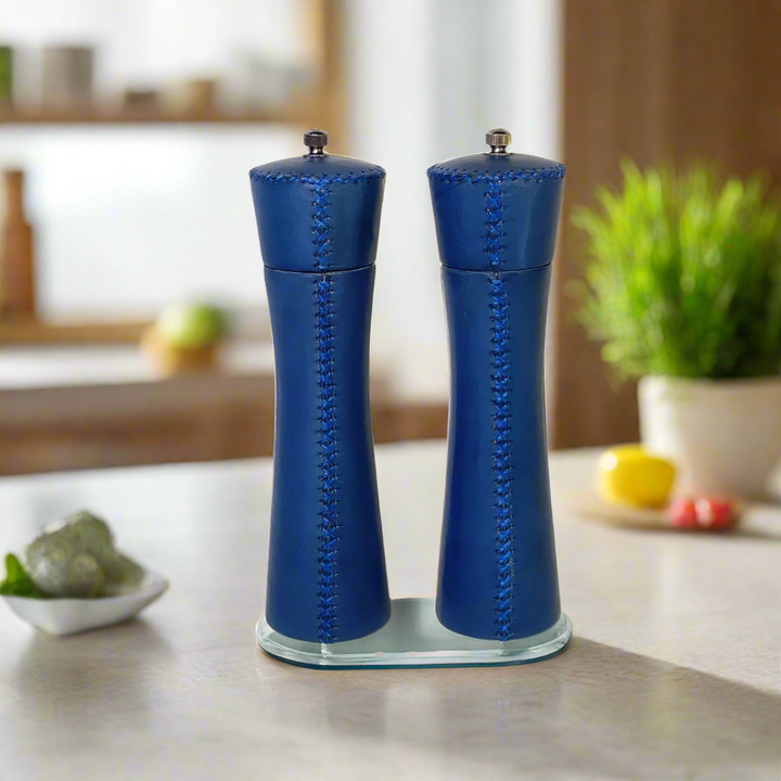 Natural Blue Leather Salt and Pepper Mills | Leather Accessories | Leather Home Goods | Home Decor | Interior Design | Salt and Pepper Shakers | Leather Salt and Pepper Shakers | Leather Spice Mill | Leather Salt Shaker