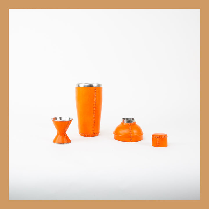 Natural Orange Leather Cocktail Shaker Set | Bartender Shaker Set | Leather Cooler | Leather Cooler Bag | Leather Bag | Leather Wine Bag | Leather Caddy | Bartender Accessories | Leather Martini Shaker | Interior Design | Home Decor | Bati Leather Goods