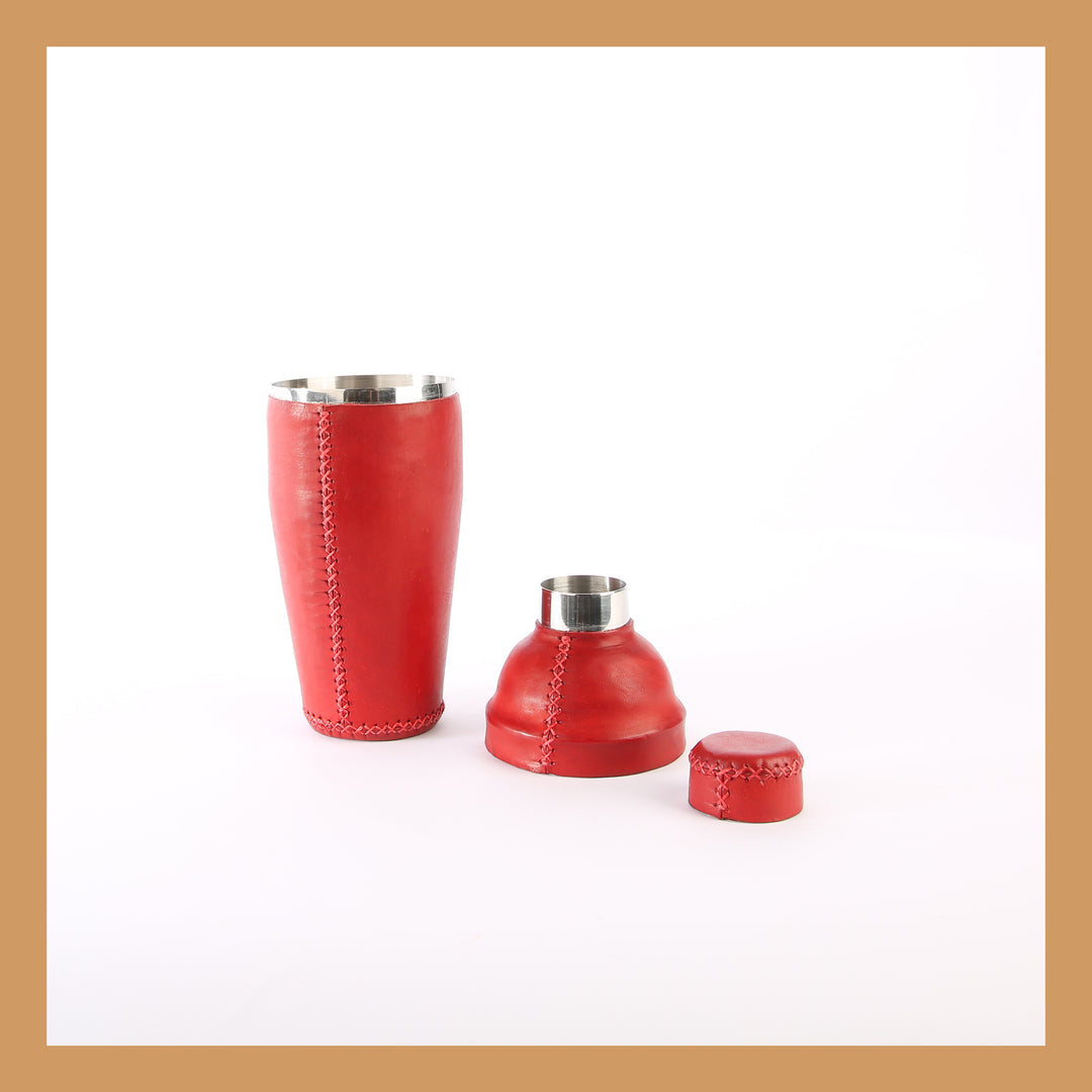 Natural Red Leather Cocktail Shaker Set | Bartender Shaker Set | Leather Cooler | Leather Cooler Bag | Leather Bag | Leather Wine Bag | Leather Caddy | Bartender Accessories | Leather Martini Shaker | Interior Design | Home Decor | Bati Leather Goods