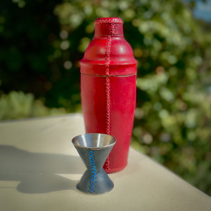 Natural Red Leather Cocktail Shaker Set | Bartender Shaker Set | Leather Cooler | Leather Cooler Bag | Leather Bag | Leather Wine Bag | Leather Caddy | Bartender Accessories | Leather Martini Shaker | Interior Design | Home Decor | Bati Leather Goods