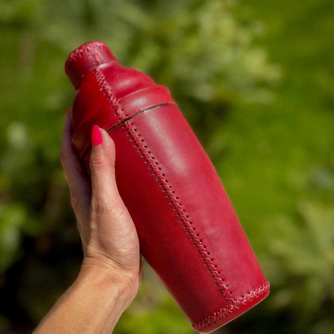 Natural Red Leather Cocktail Shaker Set | Bartender Shaker Set | Leather Cooler | Leather Cooler Bag | Leather Bag | Leather Wine Bag | Leather Caddy | Bartender Accessories | Leather Martini Shaker | Interior Design | Home Decor | Bati Leather Goods