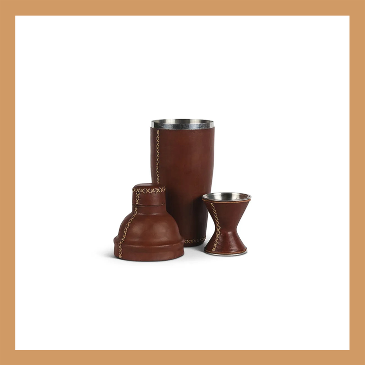 Natural Brown Leather Cocktail Shaker Set | Bartender Shaker Set | Leather Cooler | Leather Cooler Bag | Leather Bag | Leather Wine Bag | Leather Caddy | Bartender Accessories | Leather Martini Shaker | Interior Design | Home Decor | Bati Leather Goods