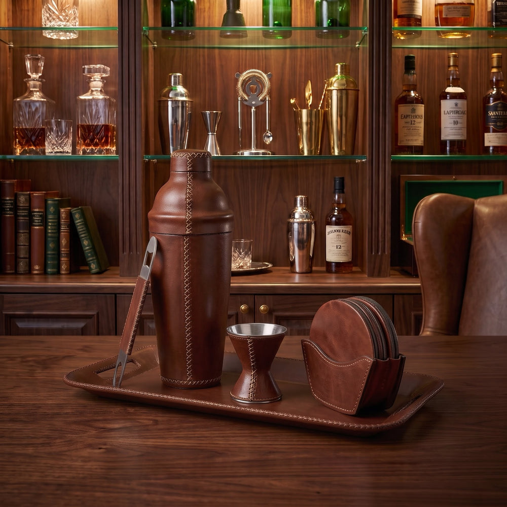 Natural Brown Leather Cocktail Shaker Set | Leather Cocktail Shaker and Jigger Bartender Set | Leather Tray | Leather Coasters | Serving Trays | Ottoman Trays | Leather Bar Trays | Leather Bottle Opener | Skinny Long Tray | Leather Bar Tools | Leather Wine Bag | Bar Accessories | Mens Gifts | Leather Wine Bag | Leather Bar Stools | Bartender Accessories | Cocktail Set | Home Store near me | Interior Design | Home Decor | Bati Leather Goods | Gifts for Men |  Best Gifts for Men