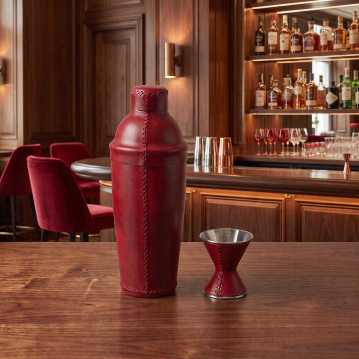 Natural Red Leather Cocktail Shaker Set | Leather Cocktail Shaker and Jigger Bartender Set | Leather Tray | Leather Coasters | Serving Trays | Ottoman Trays | Leather Bar Trays | Leather Bottle Opener | Skinny Long Tray | Leather Bar Tools | Leather Wine Bag | Bar Accessories | Mens Gifts | Leather Wine Bag | Leather Bar Stools | Bartender Accessories | Cocktail Set | Home Store near me | Interior Design | Home Decor | Bati Leather Goods | Gifts for Men |  Best Gifts for Men