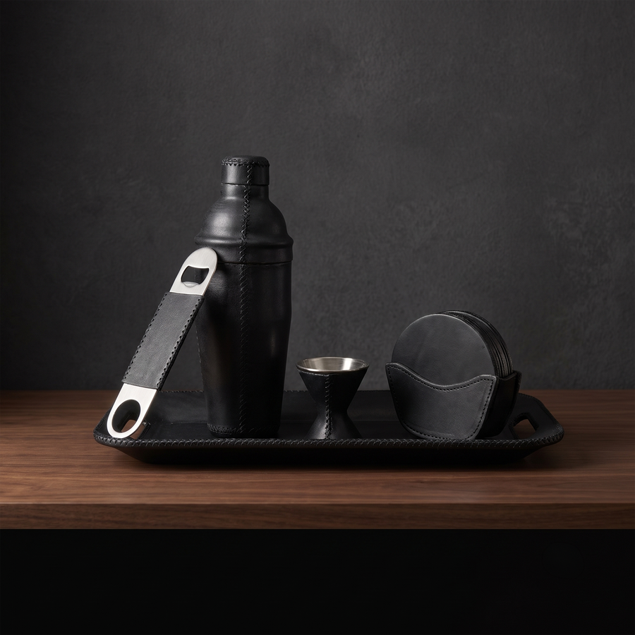 Natural Black Leather Cocktail Shaker Set | Leather Cocktail Shaker and Jigger Bartender Set | Leather Tray | Leather Coasters | Serving Trays | Ottoman Trays | Leather Bar Trays | Leather Bottle Opener | Skinny Long Tray | Leather Bar Tools | Leather Wine Bag | Bar Accessories | Mens Gifts | Leather Wine Bag | Leather Bar Stools | Bartender Accessories | Cocktail Set | Home Store near me | Interior Design | Home Decor | Bati Leather Goods | Gifts for Men |  Best Gifts for Men