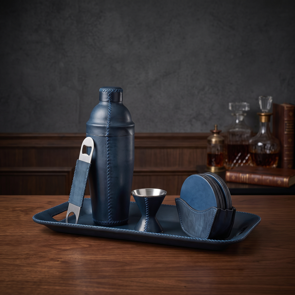 Natural Blue Leather Cocktail Shaker Set | Leather Cocktail Shaker and Jigger Bartender Set | Leather Tray | Leather Coasters | Serving Trays | Ottoman Trays | Leather Bar Trays | Leather Bottle Opener | Skinny Long Tray | Leather Bar Tools | Leather Wine Bag | Bar Accessories | Mens Gifts | Leather Wine Bag | Leather Bar Stools | Bartender Accessories | Cocktail Set | Home Store near me | Interior Design | Home Decor | Bati Leather Goods | Gifts for Men |  Best Gifts for Men