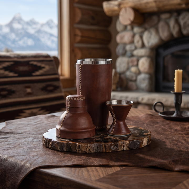 Natural Brown Leather Cocktail Shaker Set | Leather Cocktail Shaker and Jigger Bartender Set | Leather Bar Tools | Leather Wine Bag | Bar Accessories | Mens Gifts | Leather Wine Bag | Leather Bar Stools | Bartender Accessories | Cocktail Set | Home Store near me | Interior Design | Home Decor | Bati Leather Goods | Gifts for Men |  Best Gifts for Men