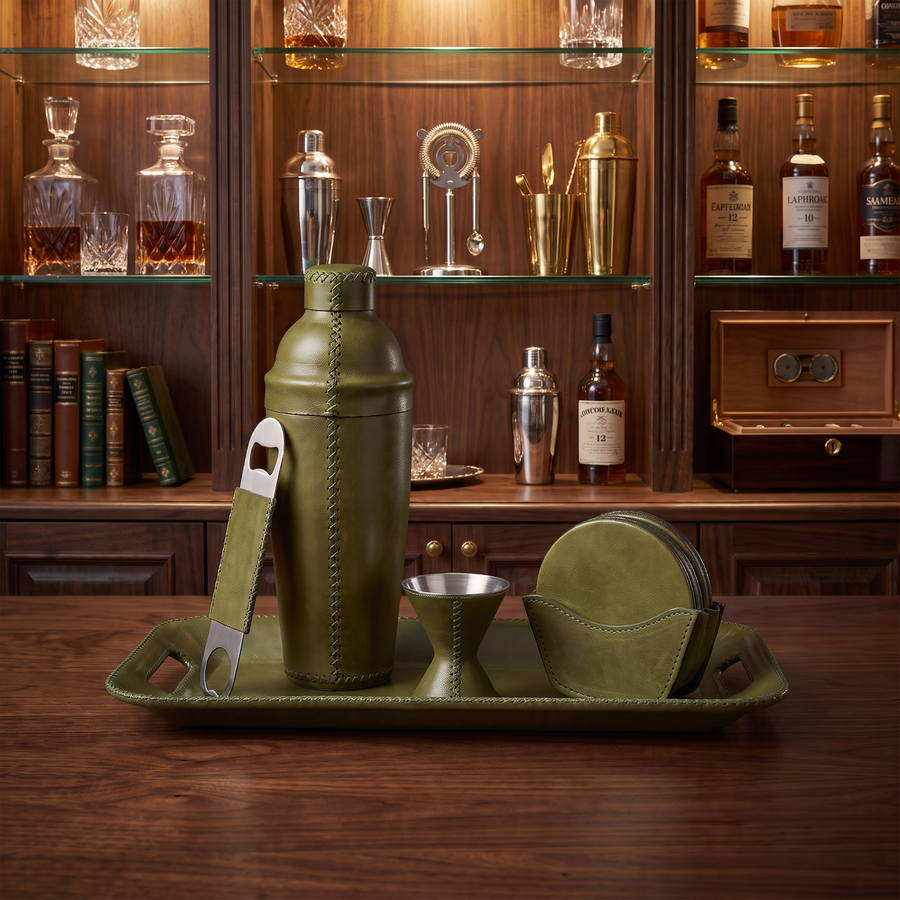 Natural Green Leather Cocktail Shaker Set | Leather Cocktail Shaker and Jigger Bartender Set | Leather Tray | Leather Coasters | Serving Trays | Ottoman Trays | Leather Bar Trays | Leather Bottle Opener | Skinny Long Tray | Leather Bar Tools | Leather Wine Bag | Bar Accessories | Mens Gifts | Leather Wine Bag | Leather Bar Stools | Bartender Accessories | Cocktail Set | Home Store near me | Interior Design | Home Decor | Bati Leather Goods | Gifts for Men |  Best Gifts for Men