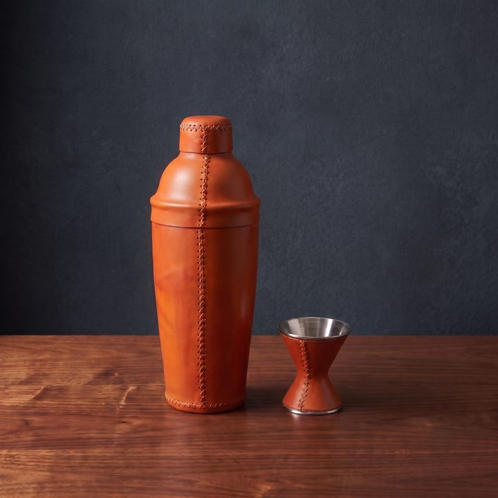 Natural Orange Leather Cocktail Shaker Set | Leather Cocktail Shaker and Jigger Bartender Set | Leather Tray | Leather Coasters | Serving Trays | Ottoman Trays | Leather Bar Trays | Leather Bottle Opener | Skinny Long Tray | Leather Bar Tools | Leather Wine Bag | Bar Accessories | Mens Gifts | Leather Wine Bag | Leather Bar Stools | Bartender Accessories | Cocktail Set | Home Store near me | Interior Design | Home Decor | Bati Leather Goods | Gifts for Men |  Best Gifts for Men