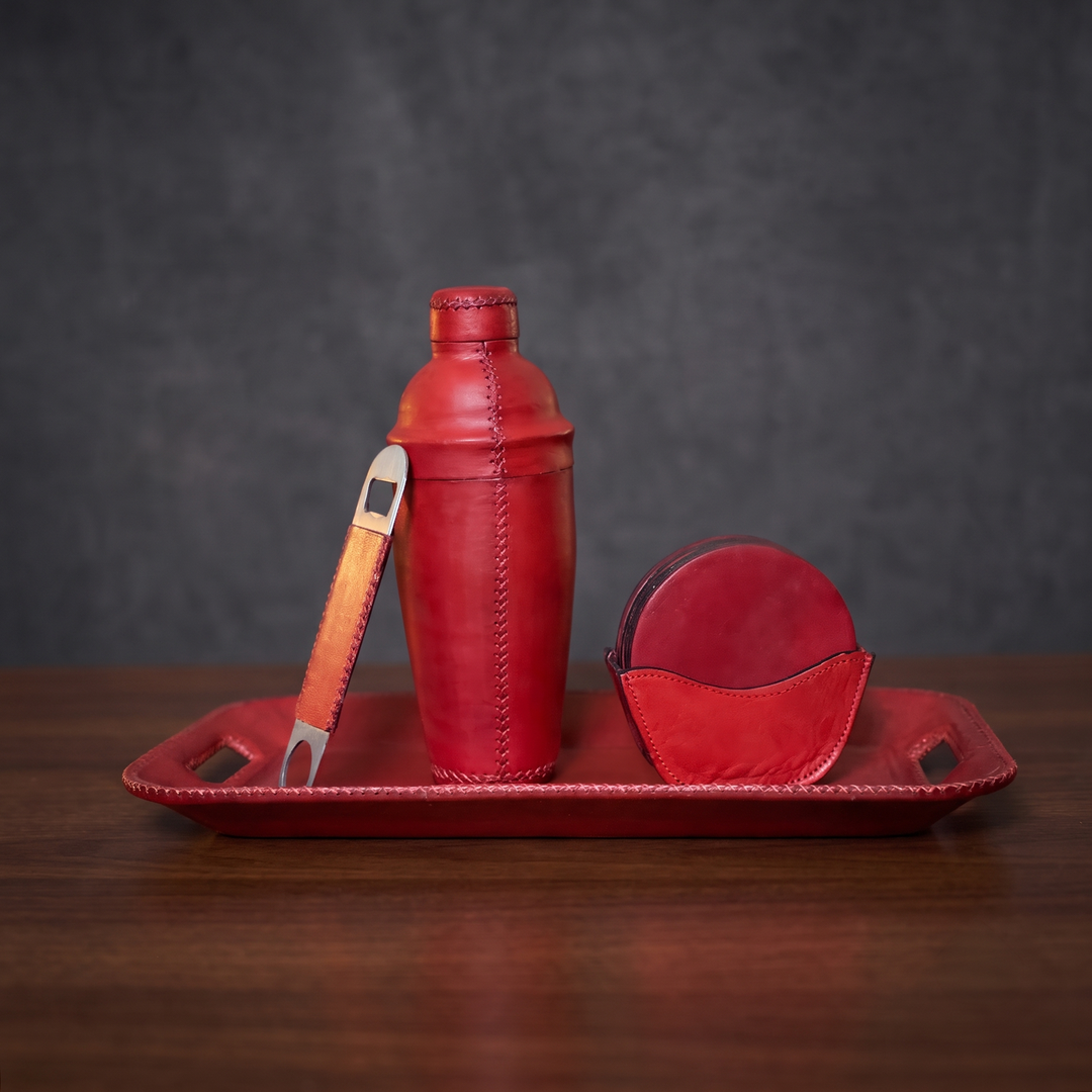 Natural Red Leather Cocktail Shaker Set | Leather Cocktail Shaker and Jigger Bartender Set | Leather Tray | Leather Coasters | Serving Trays | Ottoman Trays | Leather Bar Trays | Leather Bottle Opener | Skinny Long Tray | Leather Bar Tools | Leather Wine Bag | Bar Accessories | Mens Gifts | Leather Wine Bag | Leather Bar Stools | Bartender Accessories | Cocktail Set | Home Store near me | Interior Design | Home Decor | Bati Leather Goods | Gifts for Men |  Best Gifts for Men
