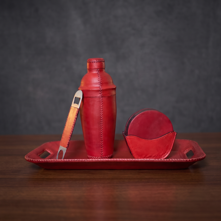 Natural Red Leather Cocktail Shaker Set | Leather Cocktail Shaker and Jigger Bartender Set | Leather Tray | Leather Coasters | Serving Trays | Ottoman Trays | Leather Bar Trays | Leather Bottle Opener | Skinny Long Tray | Leather Bar Tools | Leather Wine Bag | Bar Accessories | Mens Gifts | Leather Wine Bag | Leather Bar Stools | Bartender Accessories | Cocktail Set | Home Store near me | Interior Design | Home Decor | Bati Leather Goods | Gifts for Men |  Best Gifts for Men
