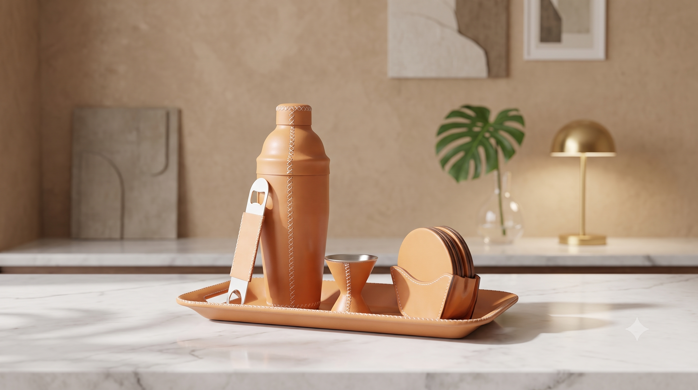 Natural Tan Leather Cocktail Shaker Set | Leather Cocktail Shaker and Jigger Bartender Set | Leather Tray | Leather Coasters | Serving Trays | Ottoman Trays | Leather Bar Trays | Leather Bottle Opener | Skinny Long Tray | Leather Bar Tools | Leather Wine Bag | Bar Accessories | Mens Gifts | Leather Wine Bag | Leather Bar Stools | Bartender Accessories | Cocktail Set | Home Store near me | Interior Design | Home Decor | Bati Leather Goods | Gifts for Men |  Best Gifts for Men