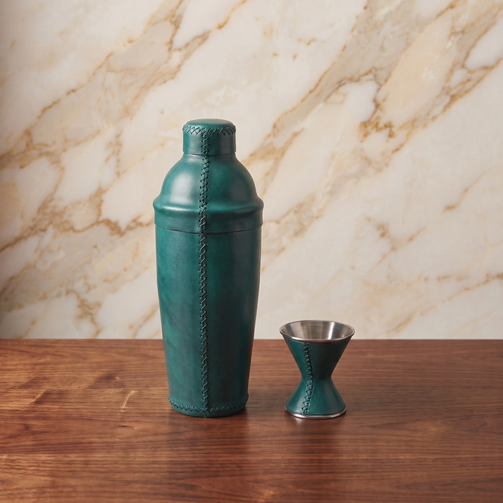 Natural Teal Leather Cocktail Shaker Set | Leather Cocktail Shaker and Jigger Bartender Set | Leather Tray | Leather Coasters | Serving Trays | Ottoman Trays | Leather Bar Trays | Leather Bottle Opener | Skinny Long Tray | Leather Bar Tools | Leather Wine Bag | Bar Accessories | Mens Gifts | Leather Wine Bag | Leather Bar Stools | Bartender Accessories | Cocktail Set | Home Store near me | Interior Design | Home Decor | Bati Leather Goods | Gifts for Men |  Best Gifts for Men