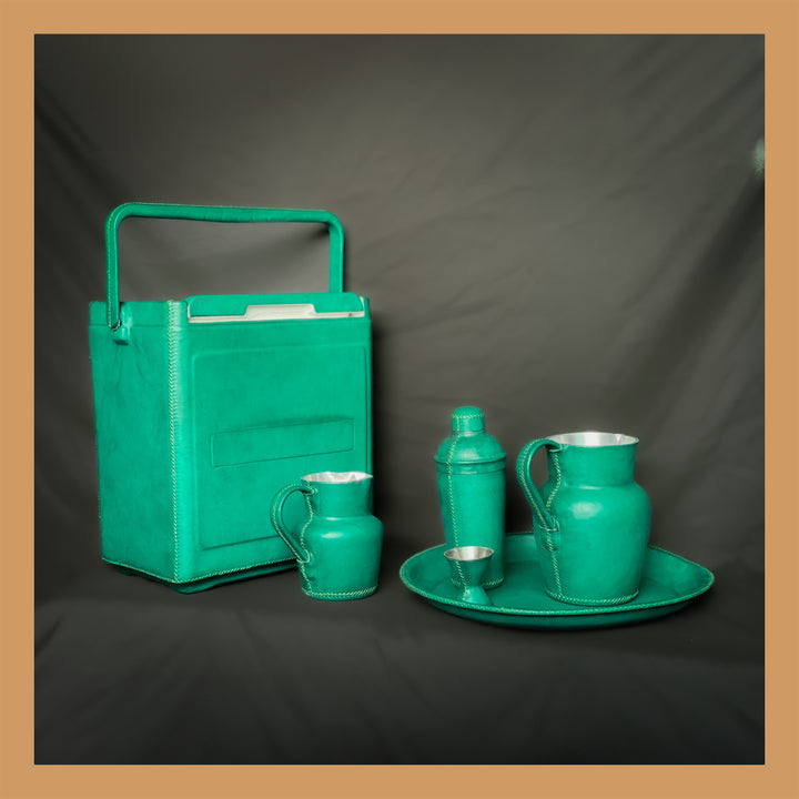 Natural Teal Leather Cocktail Shaker Set | Bartender Shaker Set | Leather Cooler | Leather Cooler Bag | Leather Bag | Leather Wine Bag | Leather Caddy | Bartender Accessories | Leather Martini Shaker | Interior Design | Home Decor | Bati Leather Goods