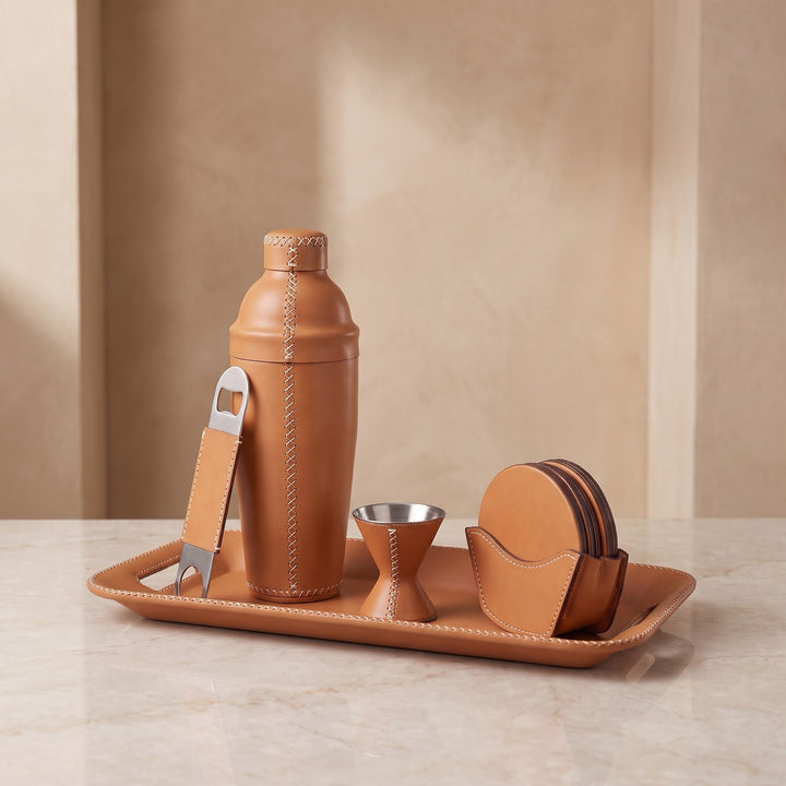 Natural Tan Leather Cocktail Shaker Set | Leather Cocktail Shaker and Jigger Bartender Set | Leather Tray | Leather Coasters | Serving Trays | Ottoman Trays | Leather Bar Trays | Leather Bottle Opener | Skinny Long Tray | Leather Bar Tools | Leather Wine Bag | Bar Accessories | Mens Gifts | Leather Wine Bag | Leather Bar Stools | Bartender Accessories | Cocktail Set | Home Store near me | Interior Design | Home Decor | Bati Leather Goods | Gifts for Men |  Best Gifts for Men