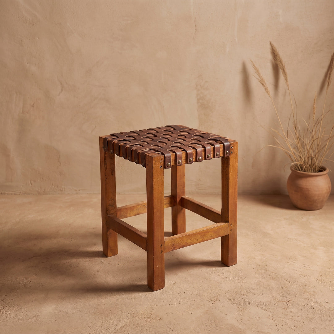 Brown Leather Woven Stool | Leather Stool | Foot Stool | Leather Furniture | Leather Chair | Picnic Stool | Outdoor Stool | Bar Stool | Leather Bar Stool | Interior Design | Leather Accessories