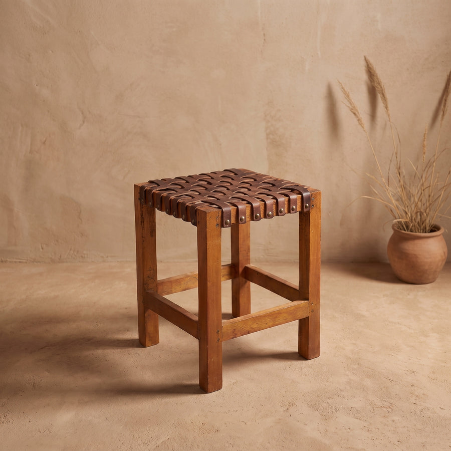 Brown Leather Woven Stool | Leather Stool | Foot Stool | Leather Furniture | Leather Chair | Picnic Stool | Outdoor Stool | Bar Stool | Leather Bar Stool | Interior Design | Leather Accessories
