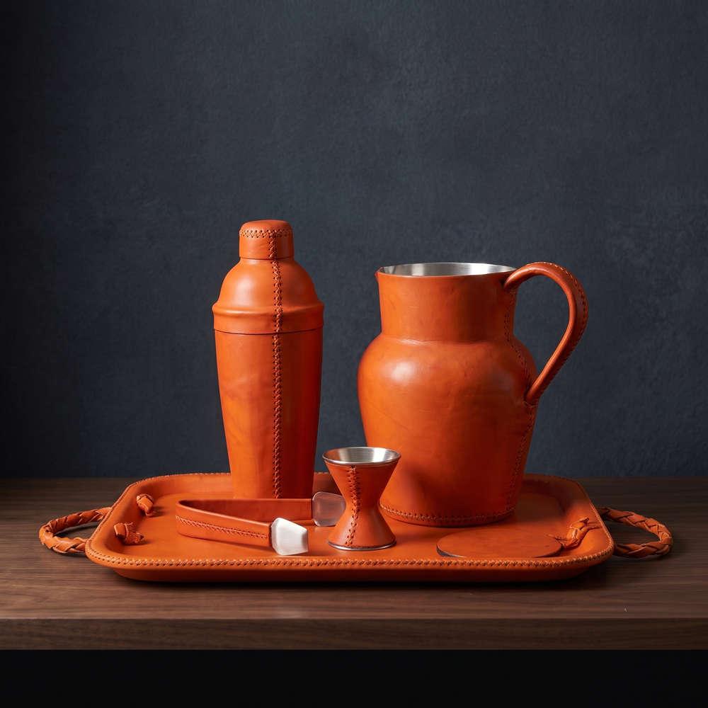 Hermes Orange Natural Leather Cocktail Shaker Set | Leather Cocktail Shaker and Jigger Bartender Set | Leather Pitcher | Leather Carafe | Leather Vase | Leather Tray | Leather Serving Trays | Leather Jigger | Leather Tongs | Leather Bar Tools | Leather Wine Bag | Bar Accessories | Mens Gifts | Leather Wine Bag | Leather Bar Stools | Bartender Accessories | Cocktail Set | Home Store near me | Interior Design | Home Decor | Bati Leather Goods | Gifts for Men |  Best Gifts for Men | Hermes