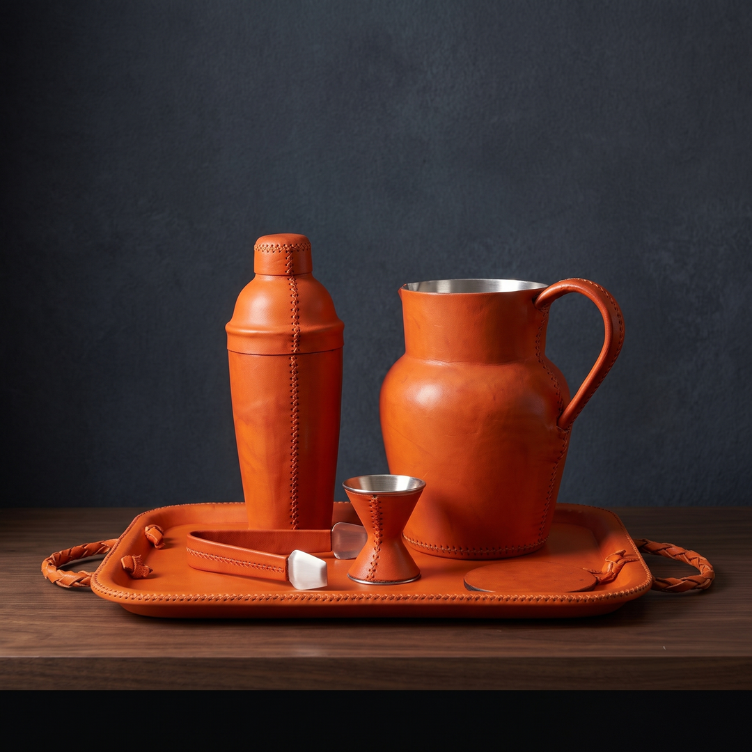 Hermes Orange Natural Leather Cocktail Shaker Set | Leather Cocktail Shaker and Jigger Bartender Set | Leather Pitcher | Leather Carafe | Leather Vase | Leather Tray | Leather Serving Trays | Leather Jigger | Leather Tongs | Leather Bar Tools | Leather Wine Bag | Bar Accessories | Mens Gifts | Leather Wine Bag | Leather Bar Stools | Bartender Accessories | Cocktail Set | Home Store near me | Interior Design | Home Decor | Bati Leather Goods | Gifts for Men |  Best Gifts for Men | Hermes