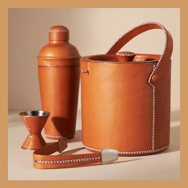 Natural Leather Ice Bucket with Tongs | Bati Leather Goods | Leather Wine Bucket | Wine Accessories | Leather Barware | Leather Cocktail Shaker | Leather Martini Shaker | Leather Tongs | Leather Jigger | Leather Bucket | Leather Furniture | Interior Design | Home Decor