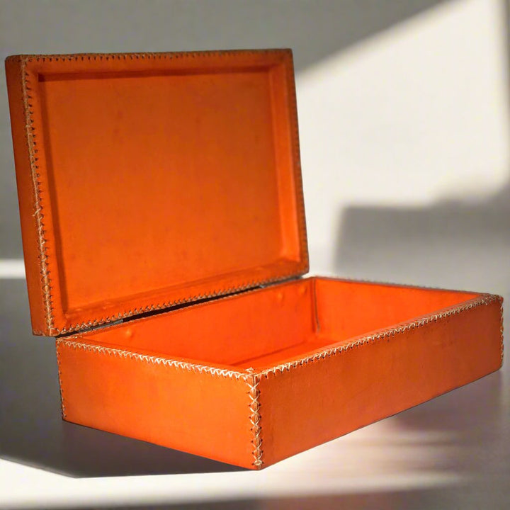 Natural Orange Leather Box | Quality Handmade Leather Goods from Paraguay, Leather Accessories, Home and Decor, Leather Trays, Leather Boxes, Bati Leather Goods