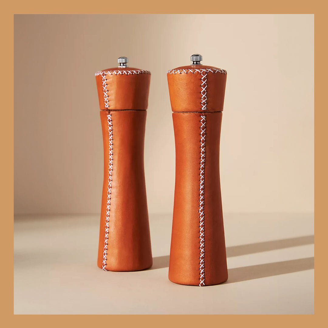 Natural Leather Salt and Pepper Mills | Leather Accessories | Leather Home Goods | Home Decor | Interior Design | Salt and Pepper Shakers | Leather Salt and Pepper Shakers | Leather Spice Mill | Leather Salt Shaker
