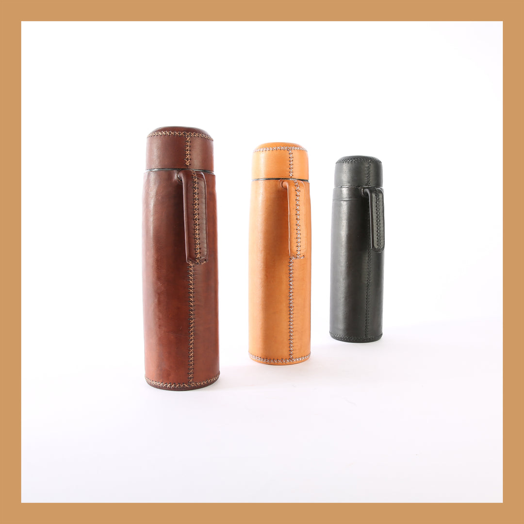 Natural Leather Thermos | Leather Drinkwares | Leather Cooler | Leather Cup | Leather Tray | Outdoor Leather Accessories | Leather Flask | Bati Leather Goods