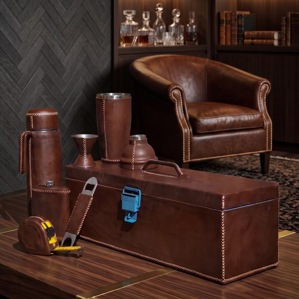 Natural Brown Leather Tool Set | Leather Tool Box | Leather Tools | Tool Set | Leather Hammer | Leather Screwdrivers | Leather Wrench | Leather Tape Measure | Mens Gifts | Leather Coolers | Best Mens Gifts | Gifts for Men | Gifts for Fathers Day | Leather Bottle Opener | Leather Bar Stool | Leather Chair | Leather Thermos | Best Cocktail Shaker | Leather Flask |Leather Cocktail Shaker Set | Bati Leather Goods