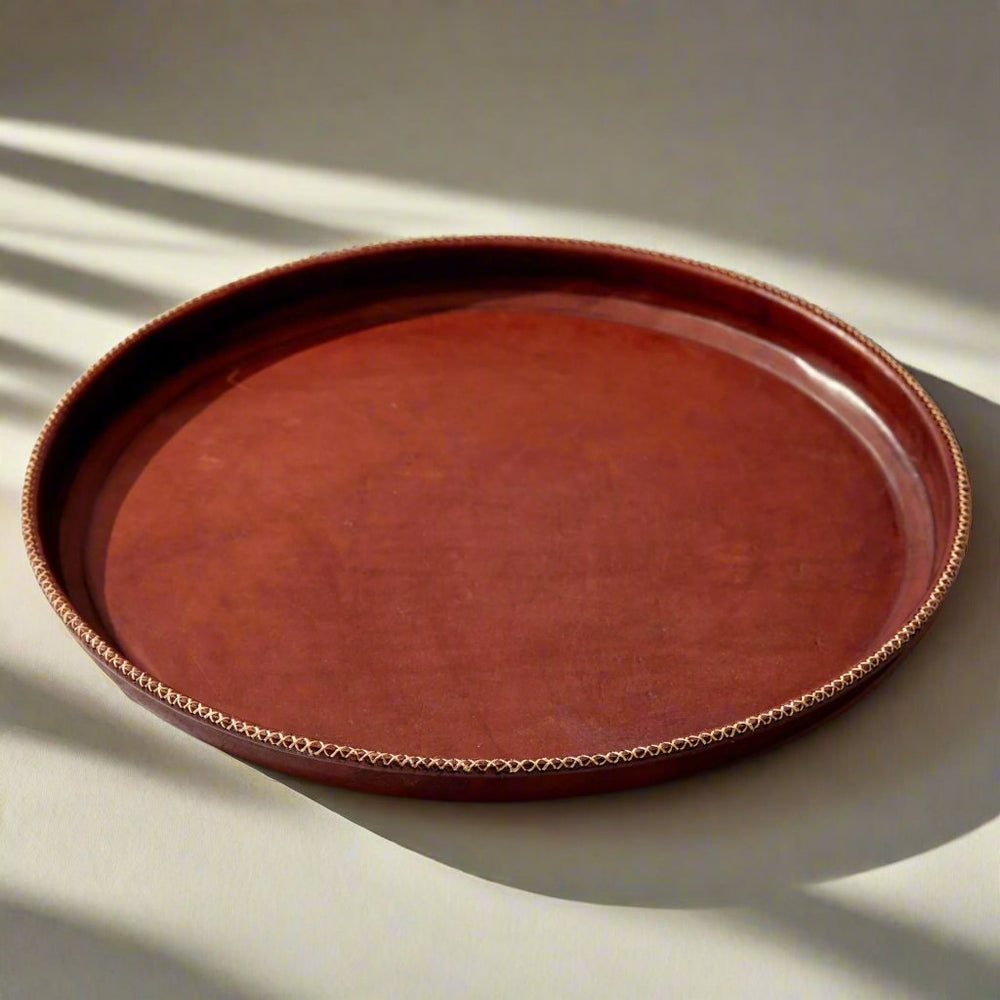 Natural Brown Round Leather Serving Tray | Leather Tray | Leather Valet Tray | Leather Catch All | Coffee Table Tray | Ottoman Tray | Bar Tray | Restaurant Serving Tray | Leather Furniture | Bati Leather Goods