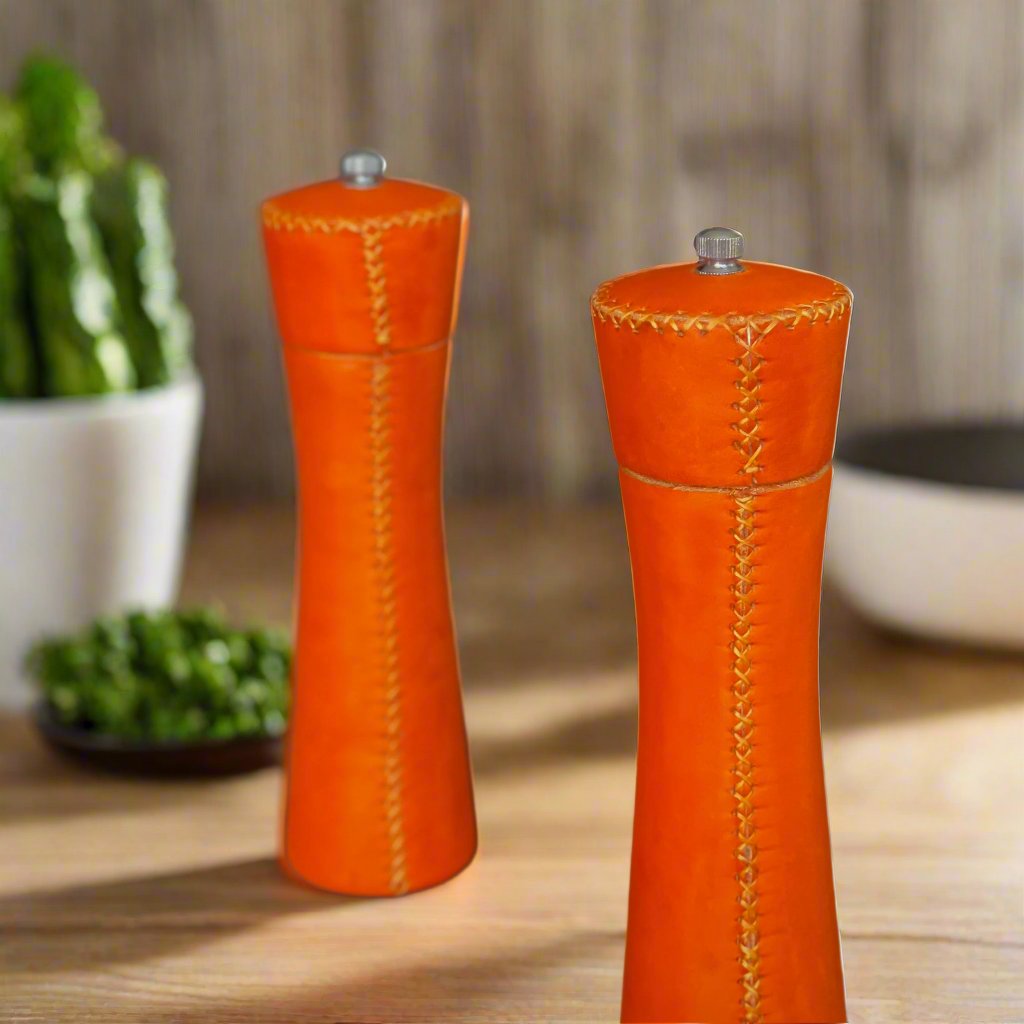 Natural Orange Leather Salt and Pepper Mills | Leather Accessories | Leather Home Goods | Home Decor | Interior Design | Salt and Pepper Shakers | Leather Salt and Pepper Shakers | Leather Spice Mill | Leather Salt Shaker