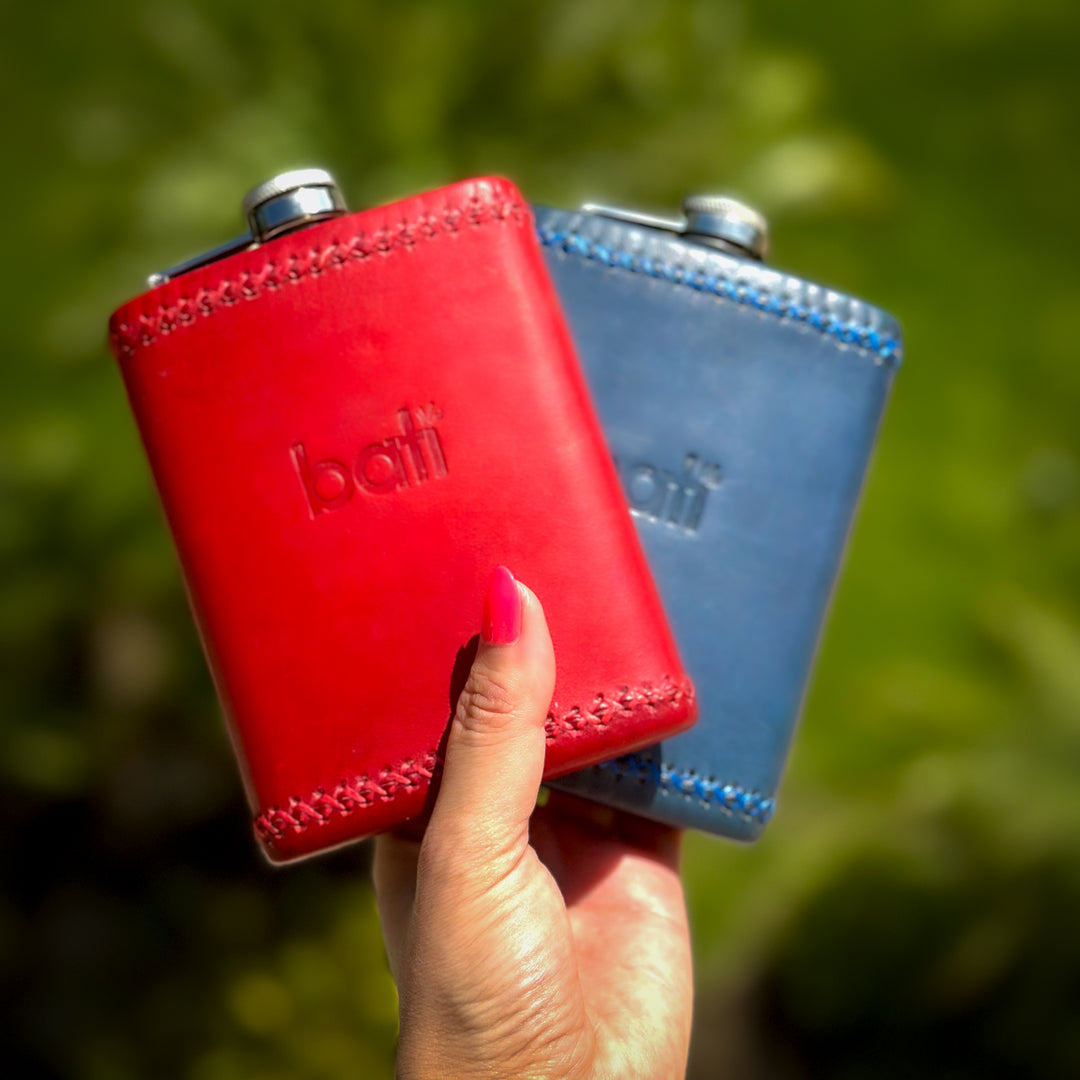 Natural Red Blue Leather Flask | Mens Gifts | Leather Flasks | Leather Cup | Leather Tumbler | Leather Drink Holder | Bartender Accessories | Best Flask | Best Leather Flask | Bar Accessories | Cocktail Shaker | Leather furniture | Bati Goods