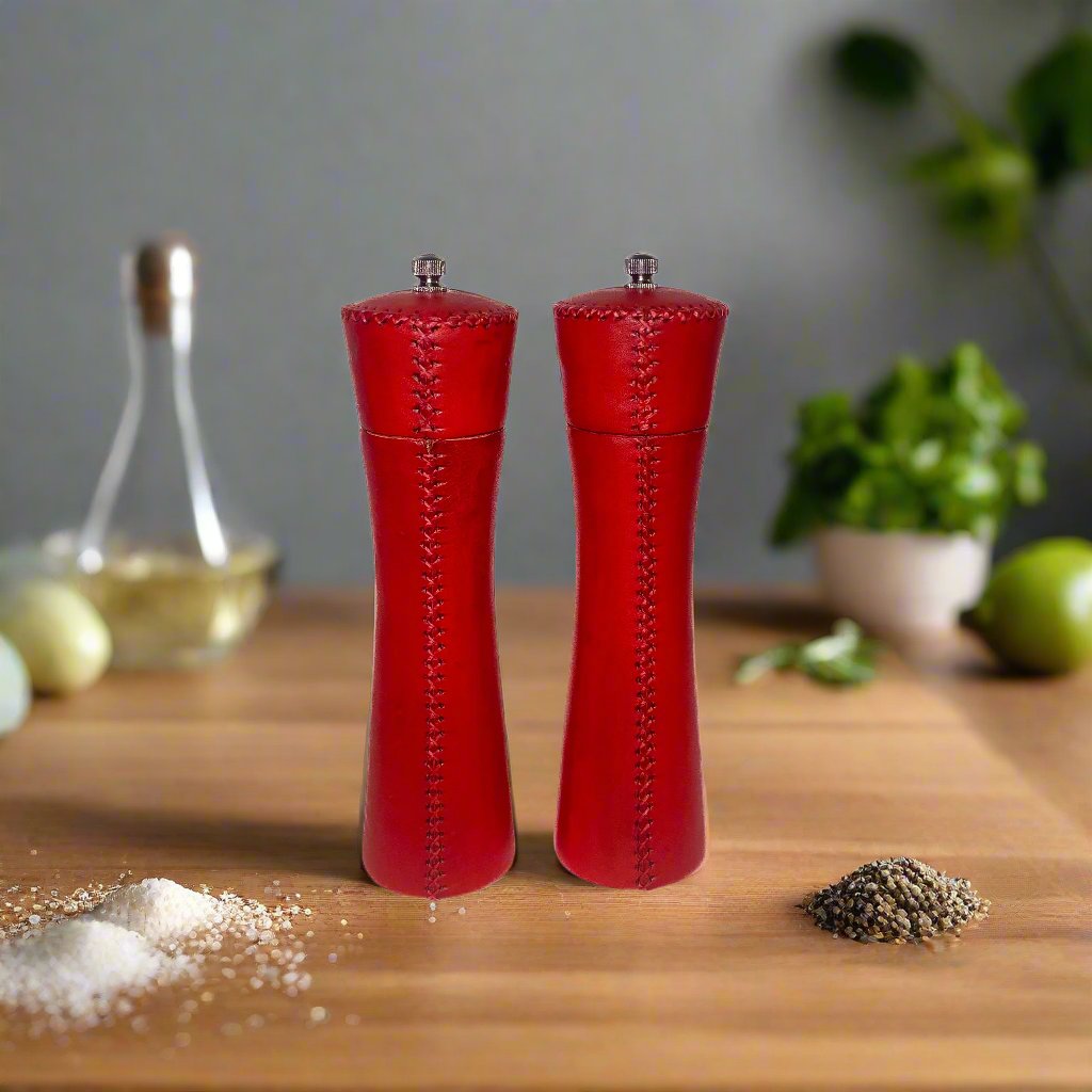 Natural Red Leather Salt and Pepper Mills | Leather Accessories | Leather Home Goods | Home Decor | Interior Design | Salt and Pepper Shakers | Leather Salt and Pepper Shakers | Leather Spice Mill | Leather Salt Shaker