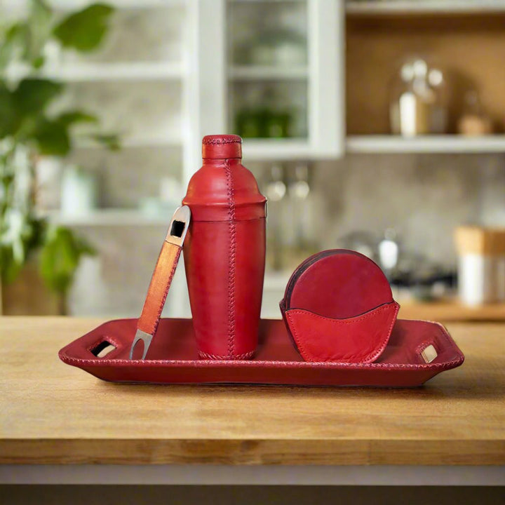 Natural Red Leather Cocktail Shaker | Bar Accessories | Leather Cooler | Leather Furniture | Bar Cart | Mens Gifts | Leather Accessories | Leather Trays | Bati Leather Goods