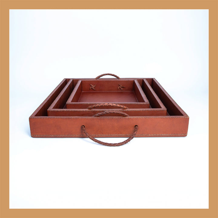 Natural Brown Leather Ottoman Tray Set | Leather Trays | Natural Leather Tray | Ottoman Tray | Serving Tray | Coffee Table Tray | Bar Tray | Leather Chair |Leather Home Goods | Leather Accessories | Leather Furniture | leather accessories | Mens Gifts | Bati Leather Goods