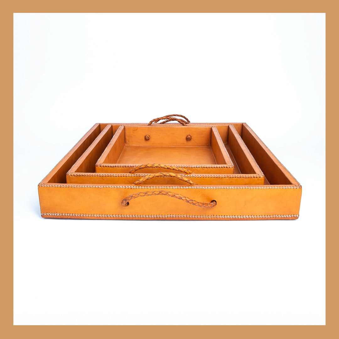 Natural Leather Ottoman Tray Set | Handmade Leather Trays | Natural Leather Tray | Ottoman Tray | Coffee Table Tray | Leather Home Goods | Leather Accessories | Bati Leather Goods