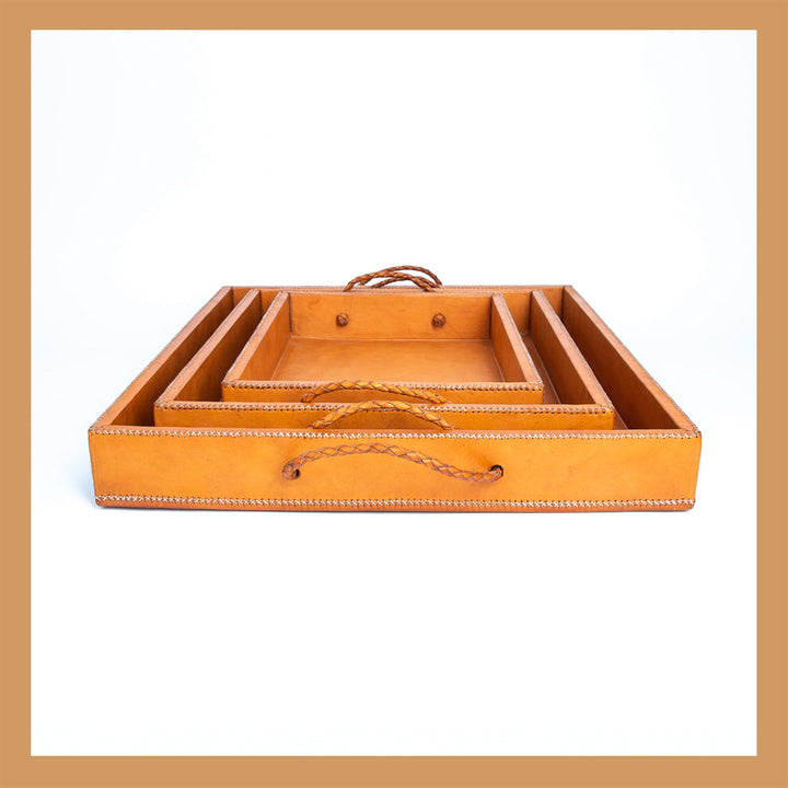 Natural Leather Ottoman Tray Set | Leather Trays | Natural Leather Tray | Ottoman Tray | Serving Tray | Coffee Table Tray | Bar Tray | Leather Chair |Leather Home Goods | Leather Accessories | Leather Furniture | leather accessories | Mens Gifts | Bati Leather Goods