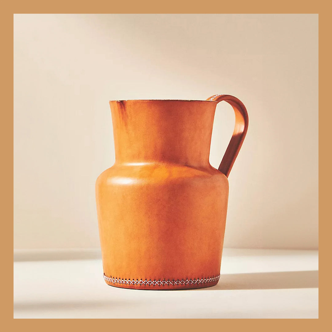 Bati | Natural Leather Carafe | Brown Leather Pitcher | Leather Cup | Leather Coaster Set | Luxury Bar Accessories | Leather Candle Handle | Leather Glass Holder | Leather Vase | Leather Tote | Leather Purse | Leather Bags