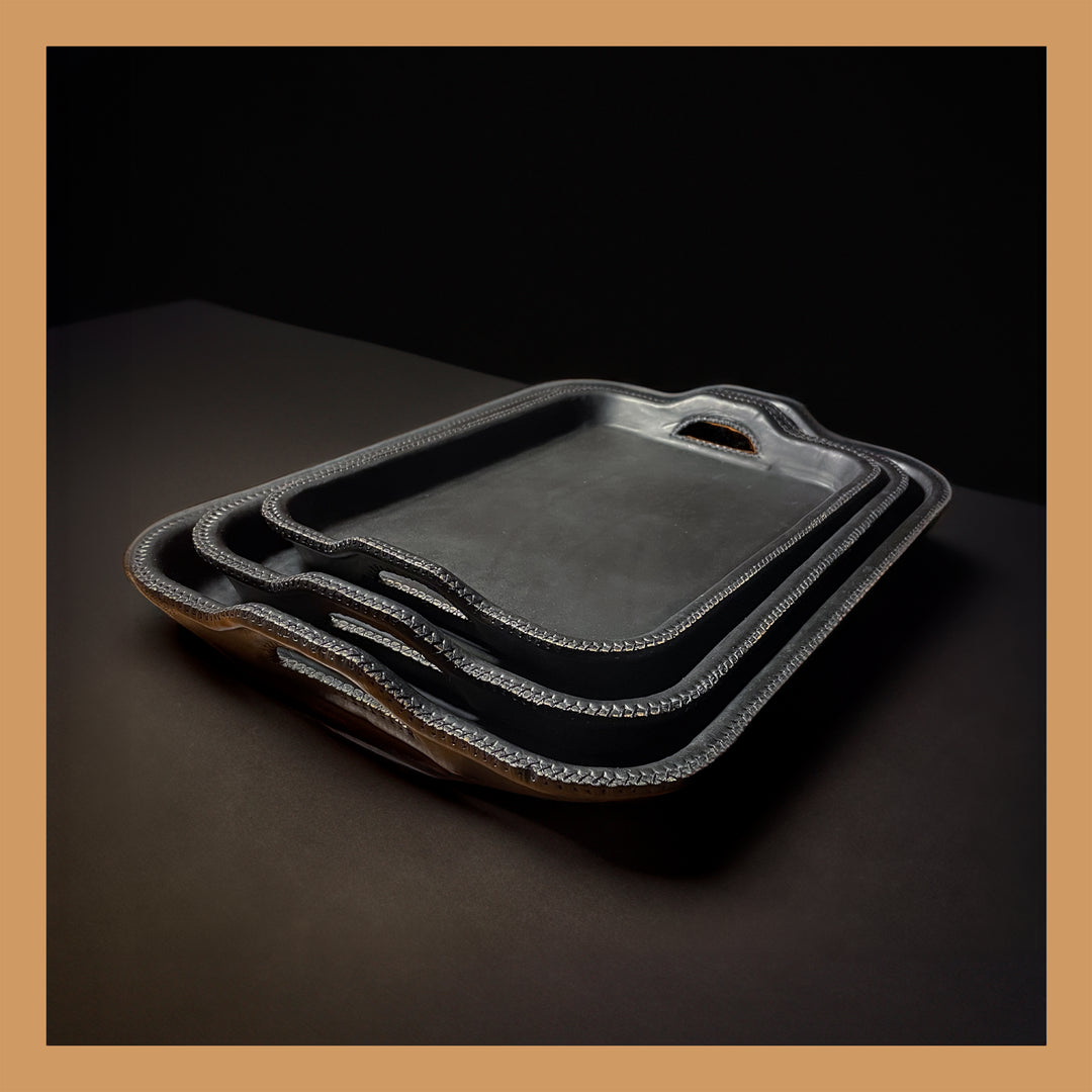 Natural Black Leather Serving Tray Set of Three | Leather Tray | Leather Valet Tray | Leather Catch All | Coffee Table Tray | Ottoman Tray | Bar Tray | Restaurant Serving Tray | Leather Furniture | Bati Leather Goods