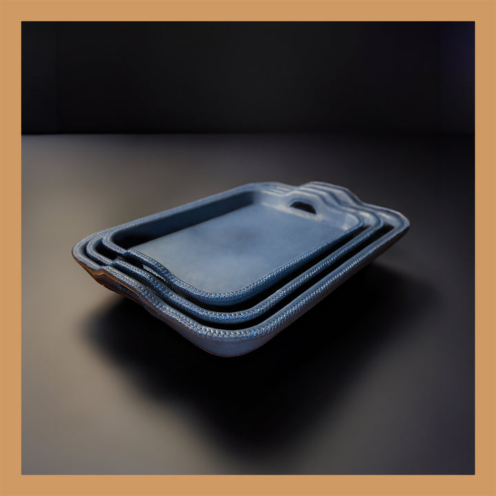 Natural Blue Leather Serving Tray Set of Three | Leather Tray | Leather Valet Tray | Leather Catch All | Coffee Table Tray | Ottoman Tray | Bar Tray | Restaurant Serving Tray | Leather Furniture | Bati Leather Goods