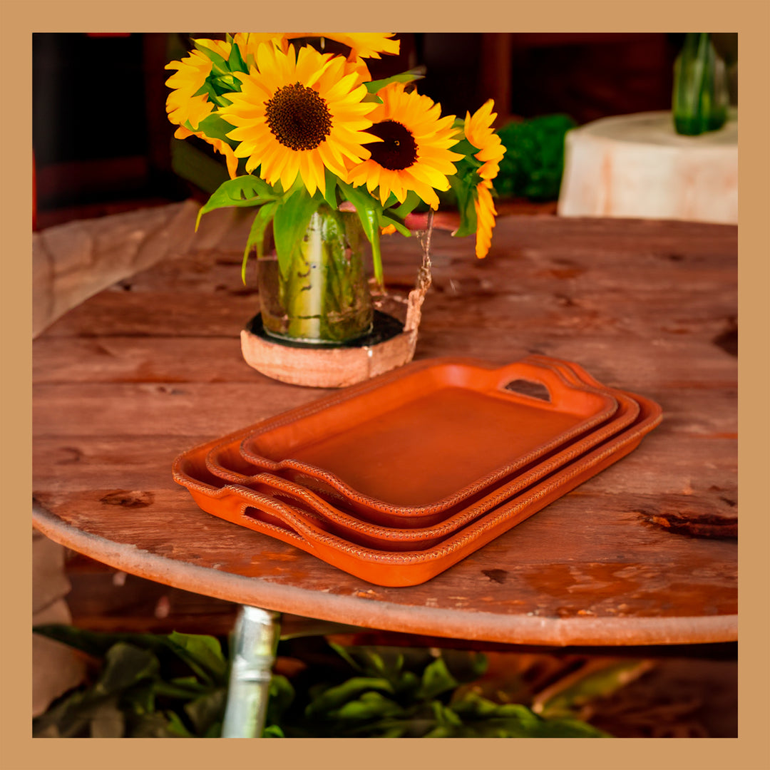 Natural Orange Leather Serving Tray Set of Three | Leather Tray | Leather Valet Tray | Leather Catch All | Coffee Table Tray | Ottoman Tray | Bar Tray | Restaurant Serving Tray | Leather Furniture | Bati Leather Goods