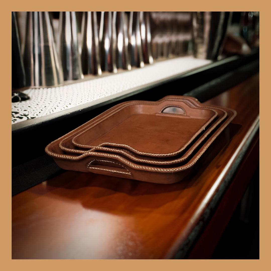 Natural Brown Leather Serving Tray Set of Three | Leather Tray | Leather Valet Tray | Leather Catch All | Coffee Table Tray | Ottoman Tray | Bar Tray | Restaurant Serving Tray | Leather Furniture | Bati Leather Goods